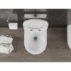Na zdjęciu widoczna jest biała miska WC z deską wolnoopadającą, zamontowana na tle ciemnych płytek ściennych, obok której znajduje się uchwyt z rolką papieru toaletowego oraz stos magazynów na drewnianej podłodze. Nad miską umieszczony jest przycisk spłukujący w kolorze srebrnym.