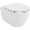 Na zdjęciu znajduje się biała, połyskująca miska WC z deską wolnoopadającą typu slim. Produkt ma nowoczesny, minimalistyczny design bez widocznych elementów montażowych.