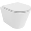 Biała, połyskująca miska WC bez kołnierza z wolnoopadającą deską typu slim, wykonana z duroplastu. Produkt ma nowoczesny, minimalistyczny design.