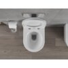 Na zdjęciu widoczna jest biała, połyskująca miska WC typu rimless z deską wolnoopadającą slim, zamontowana na tle szarej ściany z płytkami. Obok znajduje się uchwyt z rolką papieru toaletowego, a na podłodze są drewniane panele.