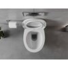 Biała miska WC typu rimless z deską wolnoopadającą slim, wykonana z duroplastu, umieszczona na tle szarej ściany z widocznym uchwytem na papier toaletowy i przyciskiem spłukującym. Obok znajduje się doniczka z zieloną rośliną.