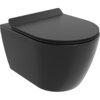 Czarna, matowa miska WC z deską wolnoopadającą o smukłym profilu, wykonana z duroplastu. Produkt ma nowoczesny, minimalistyczny design bez widocznych elementów montażowych.