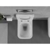 Na zdjęciu znajduje się biała, połyskująca miska WC typu rimless z deską wolnoopadającą slim, zamontowana na tle szarej ściany. Obok widoczny jest uchwyt z rolką papieru toaletowego oraz fragment dywanika i rośliny.