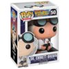 Pudełko z figurką winylową przedstawiającą postać z filmu "Back to the Future" o nazwie "Dr. Emmett Brown", z numerem 50 w serii POP! Movies. Na opakowaniu widnieje napis "DR. EMMETT BROWN" oraz ostrzeżenie: "WARNING: Choking Hazard. May contain small parts."