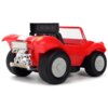 Czerwony zdalnie sterowany samochód typu buggy z dużymi czarnymi oponami i srebrnymi elementami z przodu. Pojazd ma otwartą kabinę i białe pasy na masce.