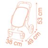 Ilustracja przedstawia schematyczny rysunek wózka dziecięcego z zaznaczonymi wymiarami: 38 cm, 49 cm i 53 cm. Wymiary są zapisane w kolorze pomarańczowym.