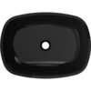 Czarna, prostokątna szklana umywalka nablatowa z zaokrąglonymi rogami i centralnym otworem odpływowym. Powierzchnia umywalki jest gładka i błyszcząca.