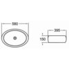 Na zdjęciu widoczny jest schemat umywalki nablatowej o owalnym kształcie z wymiarami: szerokość 580 mm, głębokość 395 mm i wysokość 150 mm. W centrum umywalki znajduje się otwór odpływowy.