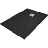 Czarny, prostokątny brodzik kompozytowy o teksturowanej powierzchni z centralnie umieszczonym kwadratowym odpływem. Produkt ma wymiary 140 x 90 cm.