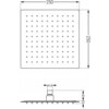 Kwadratowa deszczownica o wymiarach 250 x 250 mm z widocznymi otworami na wodę, przedstawiona z przodu i z boku, z oznaczeniami wymiarów oraz złącza G1/2.