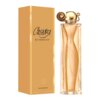 Złoty flakon perfum o pojemności 100 ml z ozdobnym korkiem, obok którego znajduje się pudełko z napisem "Organza Givenchy". Na pudełku widnieje również napis "Eau de Parfum 100 ml 3.3 FL. OZ".