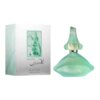 Zielona butelka perfum o kształcie przypominającym usta, obok której znajduje się pudełko z grafiką twarzy i tekstem: "Laguna Salvador Dali Eau de Toilette Natural Spray 100 ml 3.4 US FL OZ".