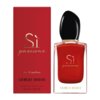 Czerwone opakowanie i flakon perfum z czarnym korkiem, na których widnieje napis "Sì passione" oraz "Giorgio Armani". Na opakowaniu znajduje się również tekst "eau de parfum" i "50 ml 1.7 FL.OZ.".