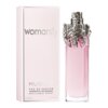 Na zdjęciu znajduje się różowy flakon perfum z ozdobnym metalowym korkiem oraz pudełko z napisem "womanity" i "MUGLER EAU DE PARFUM VAPORISATEUR RECHARGEABLE REFILLABLE SPRAY 80 mL 2.7 FL. Oz.".