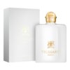 Biały flakon perfum z złotym korkiem, obok białego pudełka z napisem "TRUSSARDI DONNA" oraz herbem. Na pudełku widnieje tekst: "EAU DE PARFUM NATURAL SPRAY VAPORISATEUR 100 ml 3.4 fl.oz US".