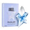 Na zdjęciu znajduje się flakon perfum w kształcie gwiazdy oraz pudełko z napisem "ANGEL MUGLER EAU DE PARFUM ETOILE RECHARGEABLE REFILLABLE STAR" o pojemności 50 ml (1.7 Fl. Oz.). Flakon ma błękitny kolor i metaliczne wykończenie.