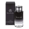 Czarne opakowanie i szklana butelka perfum z napisem "Mercedes-Benz" oraz logo marki. Na opakowaniu widnieje tekst: "INTENSE EAU DE TOILETTE NATURAL SPRAY FOR MEN 120ml e 4.0 fl. oz".
