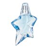 Przezroczysty flakon w kształcie gwiazdy, wypełniony jasnoniebieskim płynem, z metalicznym atomizerem na górze. Produkt to "Mugler Angel woda perfumowana 15 ml - Refillable".