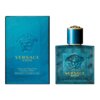 Na zdjęciu widoczna jest butelka i opakowanie wody toaletowej "Versace Eros" o pojemności 50 ml. Opakowanie i butelka są w kolorze turkusowym z wytłoczonym wzorem i złotymi napisami: "VERSACE EROS" oraz "Eau de Toilette Natural Spray 50 ml e 1.7 US FL.OZ.".