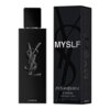 Czarne opakowanie perfum z dużym, srebrnym napisem "MYSLF" oraz logo "YSL" na butelce. Na dole opakowania widnieje napis "Yves Saint Laurent Le Parfum Vaporisateur - Spray 60 ml".