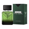 Zielona butelka perfum z czarnym korkiem, na której widnieje napis "PRADA MILANO", obok znajduje się zielone opakowanie z napisem "PARADIGME PRADA EAU DE PARFUM". Na dole opakowania widnieje tekst "50 ml 1.6 FL. OZ".