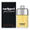 Czarny kartonik z białym napisem "cacharel pour L'Homme" oraz pomarańczowym tekstem "EAU DE TOILETTE vaporisateur - natural spray" i "100 ml 3.4 FL OZ". Obok znajduje się przezroczysty flakon z żółtawym płynem i srebrnym korkiem, z napisem "cacharel pour L'Homme".