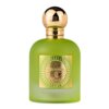 Zielona butelka perfum z matowym wykończeniem i złotym korkiem, na której znajduje się złota etykieta z napisem "Pear Potion Emir".