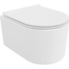 Biała, połyskująca miska WC typu Rimless z wolnoopadającą deską slim wykonaną z duroplastu. Produkt ma nowoczesny, zaokrąglony kształt.