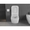 Na zdjęciu znajduje się biała, połyskująca miska WC z deską wolnoopadającą, zamontowana na tle ciemnoszarej, kafelkowej ściany. Obok miski znajduje się uchwyt z rolką papieru toaletowego.