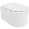 Biała, połyskująca miska WC z deską wolnoopadającą o smukłym profilu, wykonana z duroplastu. Produkt ma nowoczesny, minimalistyczny design bez widocznych elementów montażowych.