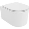 Biała, połyskująca miska WC typu Rimless z wolnoopadającą deską slim, wykonana z duroplastu. Produkt ma nowoczesny, zaokrąglony kształt.
