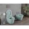 Na zdjęciu znajduje się jasna, matowa, zielona miska WC z otwartą deską wolnoopadającą oraz bidet, zamontowane na ścianie wyłożonej szarymi płytkami. Obok miski WC widoczny jest uchwyt z papierem toaletowym oraz szczotka, a w tle znajduje się roślina w doniczce.