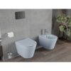 Na zdjęciu znajduje się szara-niebieska matowa miska WC typu Rimless z deską wolnoopadającą slim oraz bidet, zamontowane na tle szarej ściany z płytkami. Obok miski WC znajduje się uchwyt z papierem toaletowym i szczotka, a w tle widoczna jest roślina w doniczce.
