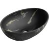 Czarna, owalna umywalka nablatowa z kamienia o wymiarach 40 x 33 cm, z subtelnymi, jasnymi żyłkami na powierzchni. Na wewnętrznej stronie widoczne jest logo "MEXEN".