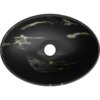 Czarna, owalna umywalka nablatowa z kamienia z widocznymi jasnymi, marmurkowymi wzorami. Na górnej krawędzi umywalki znajduje się napis "Mexen".
