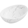 Biała umywalka nablatowa o owalnym kształcie z delikatnym, szarym wzorem przypominającym marmur, z widocznym logo "MEXEN" na wewnętrznej stronie. Umywalka posiada otwór odpływowy na dnie.