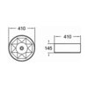 Schemat przedstawia rzut z góry i z boku umywalki nablatowej o wymiarach 410 x 410 mm i wysokości 145 mm, z widocznym geometrycznym wzorem wewnętrznym. Na rysunku znajdują się oznaczenia wymiarów: 410 i 145.