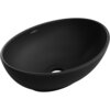 Czarna matowa umywalka nablatowa o owalnym kształcie z widocznym otworem odpływowym. Na wewnętrznej stronie umywalki znajduje się logo "MEXEN".