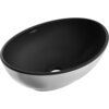 Czarna matowa umywalka nablatowa o owalnym kształcie z widocznym logo "Mexen" na wewnętrznej powierzchni. Zewnętrzna strona umywalki jest w kolorze srebrnym.