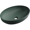 Ciemnozielona, matowa umywalka nablatowa o owalnym kształcie z otworem odpływowym na dnie. Na wewnętrznej powierzchni widoczne jest logo "MEXEN".