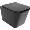 Czarna, błyszcząca miska WC bez kołnierza z wolnoopadającą deską typu slim, wykonana z duroplastu. Produkt ma nowoczesny, minimalistyczny design z gładkimi powierzchniami.