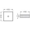 Schemat przedstawia wymiary umywalki nablatowej o kształcie kwadratu z ryflowaną powierzchnią, z oznaczeniami 410 x 410 mm oraz wysokością 116 mm. Na rysunku widoczne są linie i oznaczenia wymiarów, a także centralnie umieszczony otwór odpływowy.
