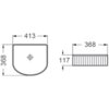 Schemat techniczny przedstawia wymiary umywalki nablatowej o szerokości 413 mm, głębokości 368 mm i wysokości 117 mm. Widoczne są linie ryflowane na bocznej powierzchni umywalki.
