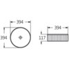 Na zdjęciu widoczne są dwa rysunki techniczne przedstawiające wymiary umywalki: widok z góry i z boku. Wymiary to 394 mm na 394 mm, a wysokość wynosi 117 mm.