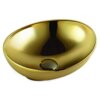Złota, owalna umywalka nablatowa z gładką, błyszczącą powierzchnią i otworem odpływowym na dnie. Produkt ma elegancki, nowoczesny design.