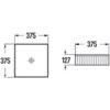 Schemat przedstawia rysunek techniczny umywalki nablatowej o wymiarach 375 x 375 mm i wysokości 127 mm, z widocznymi oznaczeniami wymiarów oraz centralnym punktem odpływu. Umywalka ma ryflowaną strukturę na bocznej powierzchni.