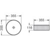Na zdjęciu widoczny jest schemat techniczny umywalki nablatowej o wymiarach 355 x 355 mm i wysokości 116 mm, z ryflowaną powierzchnią. W centrum okrągłego widoku znajduje się oznaczenie otworu odpływowego.