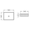 Schemat przedstawia rysunek techniczny umywalki nablatowej z wymiarami: szerokość 503 mm, głębokość 340 mm i wysokość 127 mm. Na rysunku widoczne są linie ryflowane oraz oznaczenie otworu odpływowego.