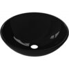 Czarna, szklana umywalka nablatowa o okrągłym kształcie z centralnym otworem odpływowym. Powierzchnia umywalki jest gładka i błyszcząca.