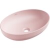 Różowa, matowa umywalka nablatowa o owalnym kształcie z widocznym otworem odpływowym. Na wewnętrznej stronie umywalki znajduje się logo "MEXEN".